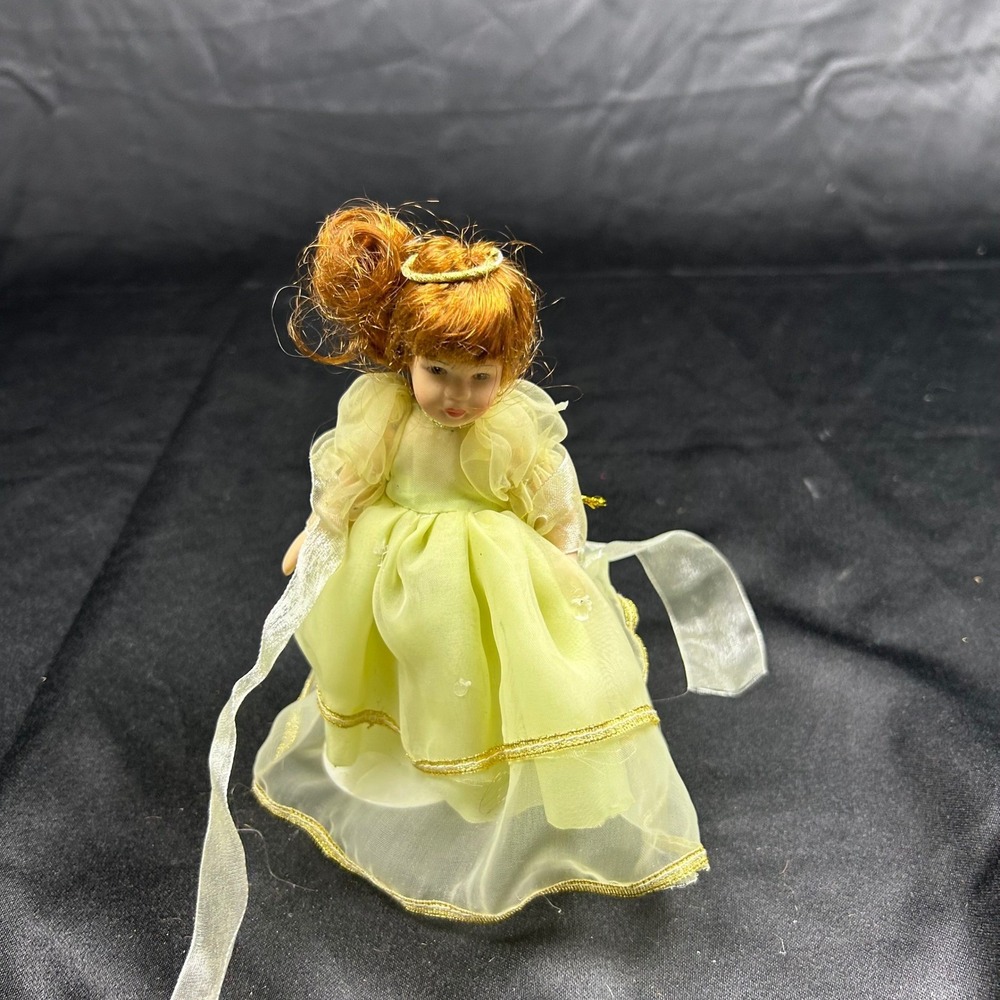 Miniature Porcelain Angel Doll Red Hair Yellow Organza Gown Gold Halo Ornament